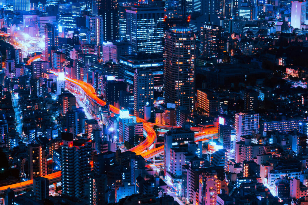 Aerial Night shot of city