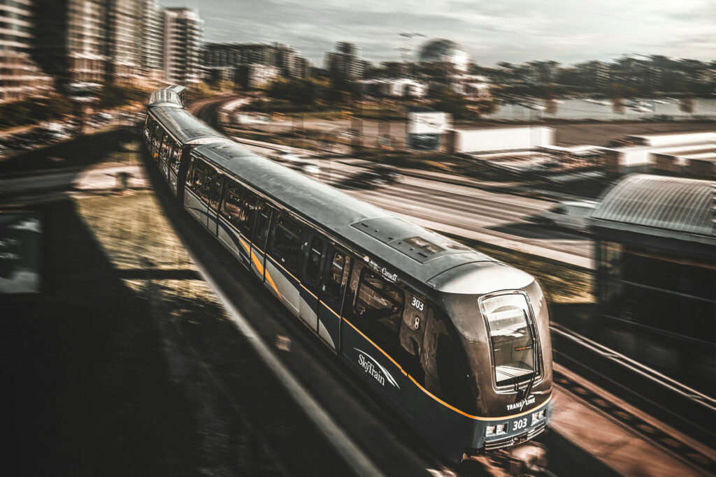 High speed train moving through city